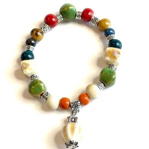 Bohemian Bracelet Green Tan Silver Orange Blue Ceramic Beads Stretchy